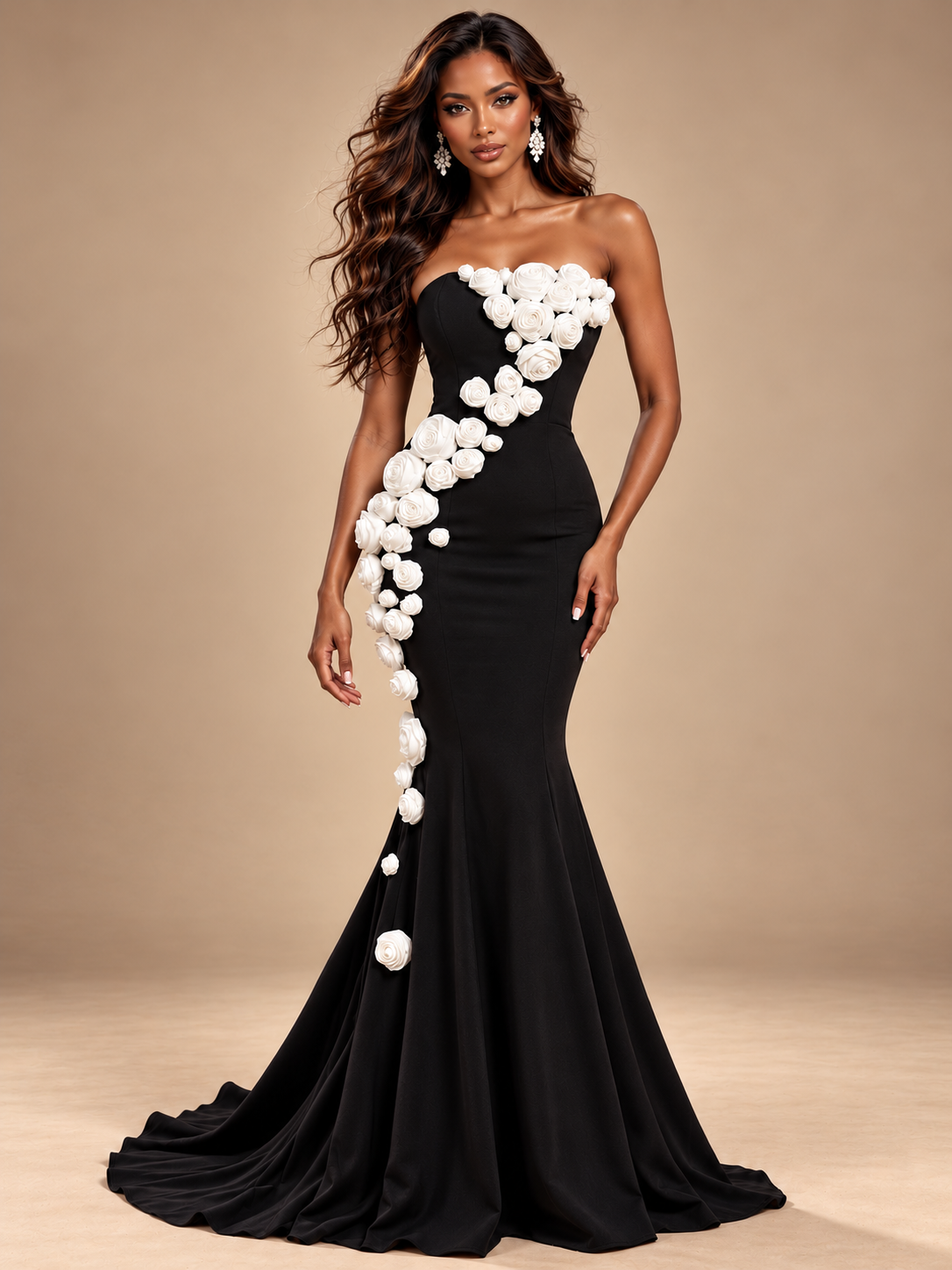 Jovellee black strapless mermaid prom dress with cascading 3D white roses and a floor-length flared skirt, front view