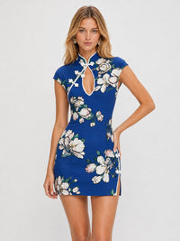 Jovellee blue floral Mandarin collar qipao mini dress