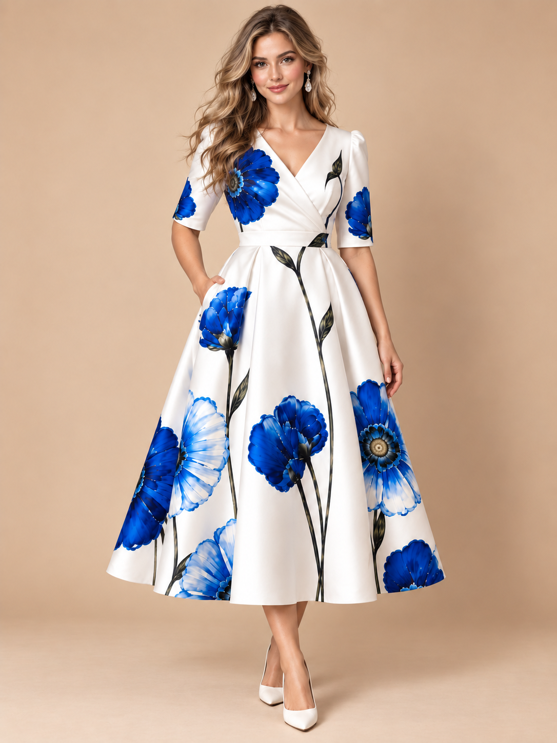 Jovellee blue floral V-neck A-line midi dress with pockets