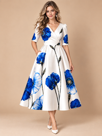 Jovellee blue floral V-neck A-line midi dress with pockets