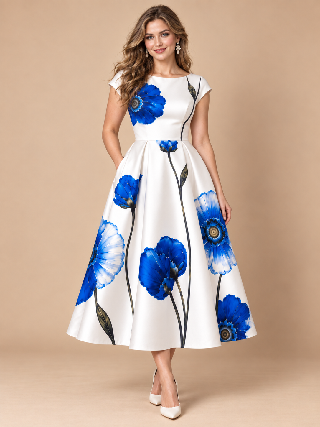 Jovellee blue floral fit-and-flare midi dress with pockets