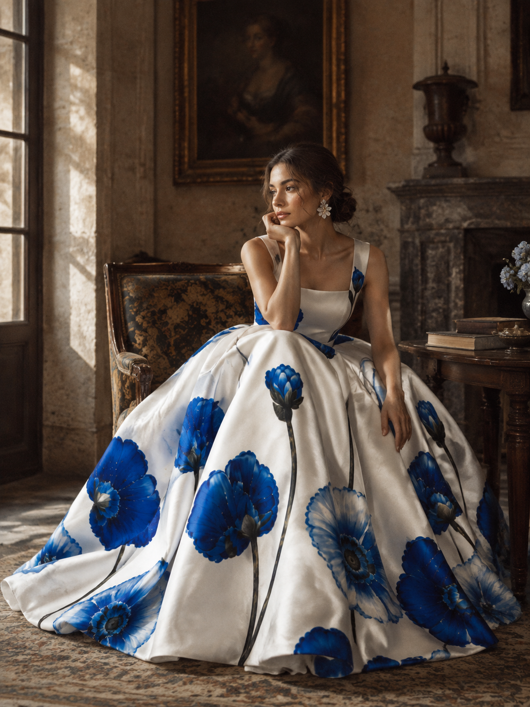 Jovellee blue floral square-neck ball gown with pockets