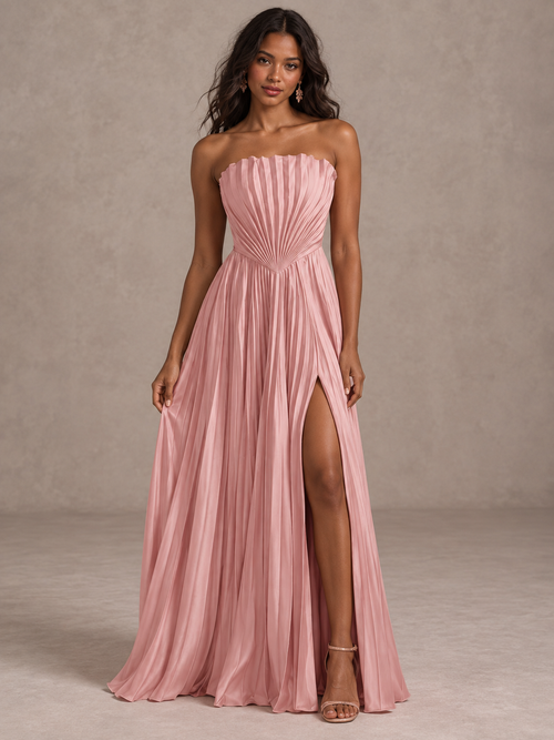 Jovellee blush pink strapless pleated chiffon A-line evening gown with high slit