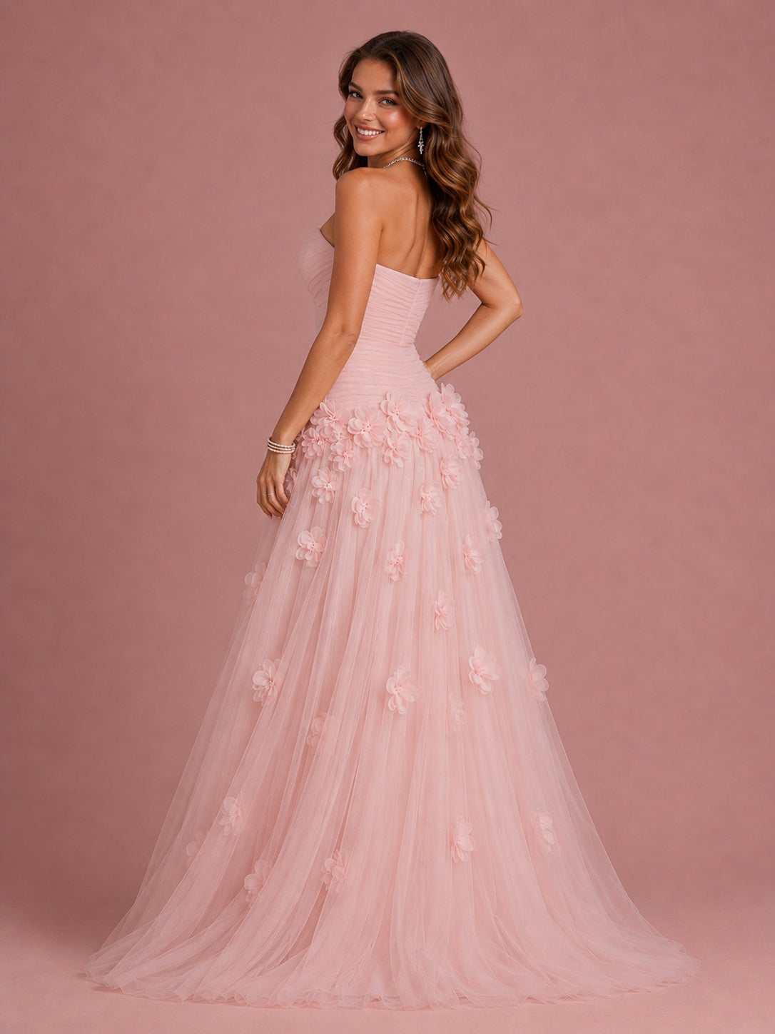Jovellee blush pink strapless sweetheart 3D floral tulle ball gown prom dress front view