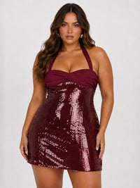 Burgundy sequin mini dress with halter neckline