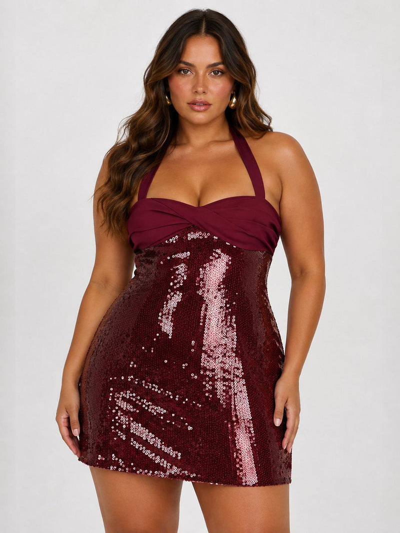 Burgundy sequin mini dress with halter neckline