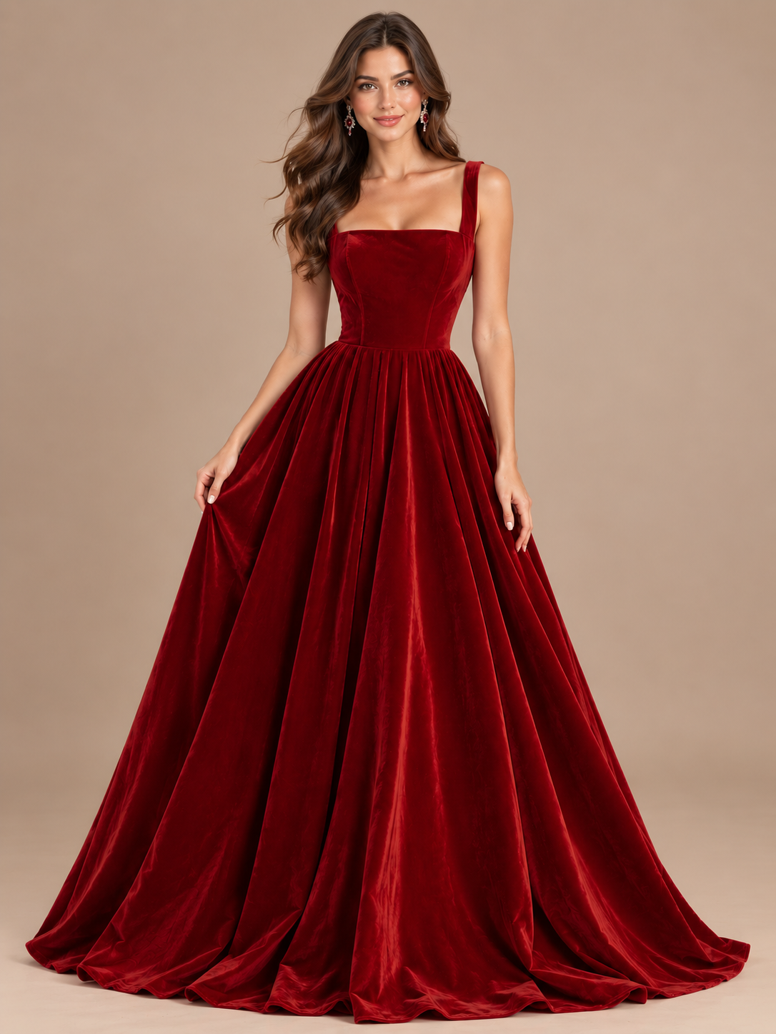 Jovellee burgundy velvet square neck A-line prom dress with wide straps, fitted bodice and full floor-length pleated skirt, front view