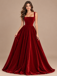 Jovellee burgundy velvet square neck A-line prom dress with wide straps, fitted bodice and full floor-length pleated skirt, front view