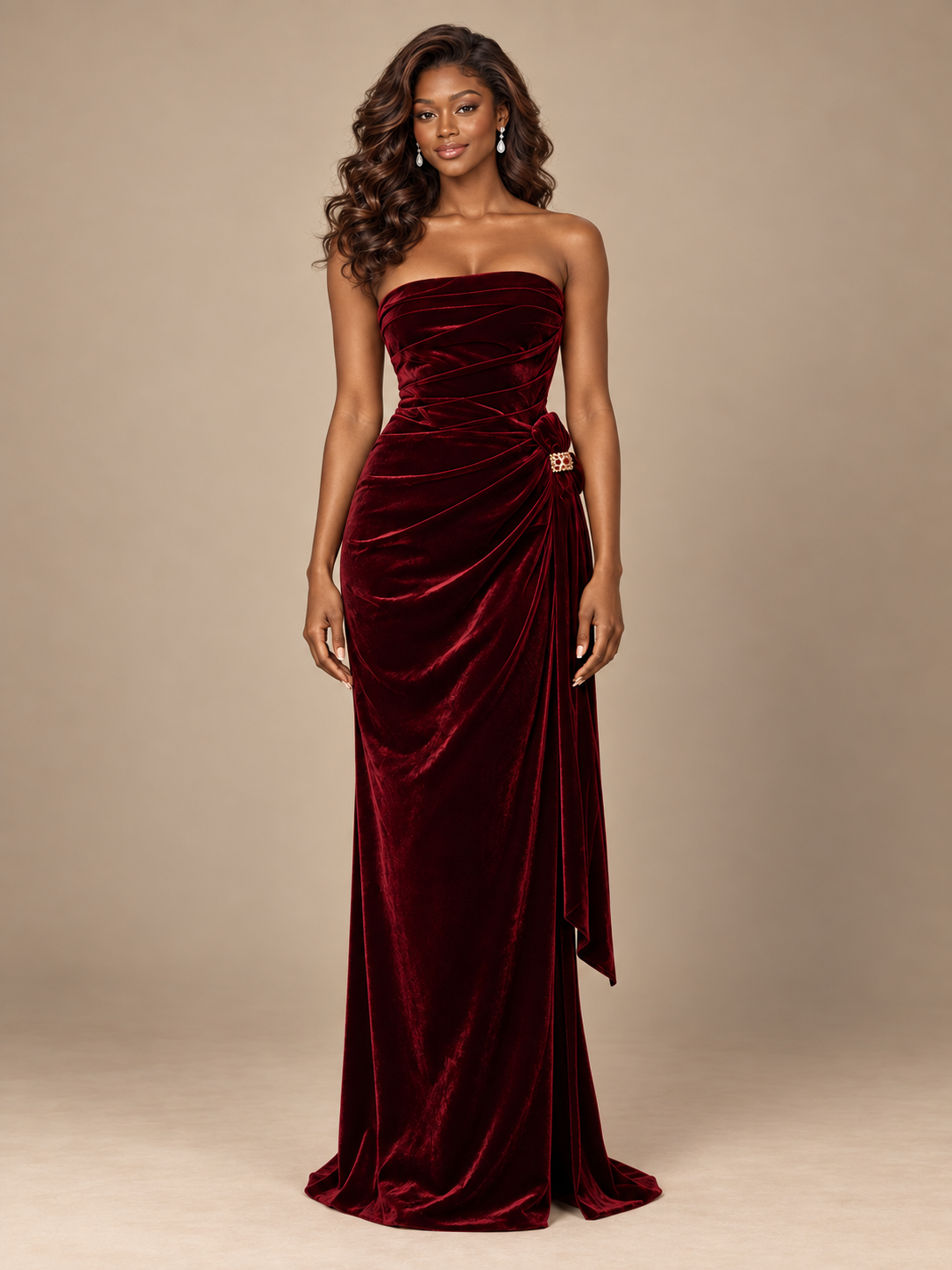 Jovellee burgundy velvet strapless prom dress with diagonal ruching, a jeweled hip accent and floor-length skirt, front view