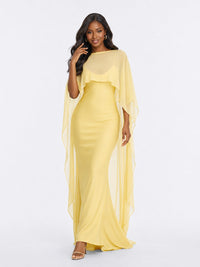 Jovellee butter yellow satin cape maxi dress with fitted silhouette