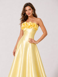Jovellee butter yellow satin formal gown with A-line skirt