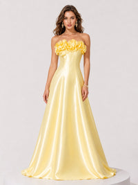 Jovellee butter yellow strapless satin prom dress with 3D floral appliqué