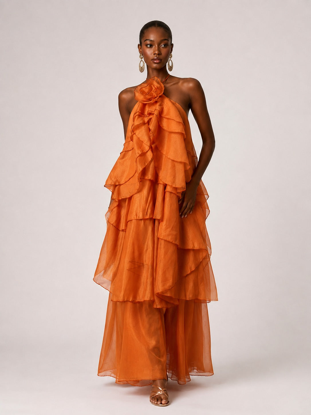 Jovellee orange chiffon halter ruffle maxi dress with 3D rosette