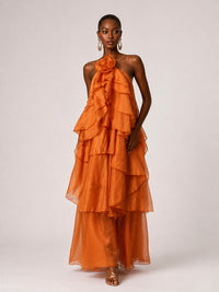 Jovellee orange chiffon halter ruffle maxi dress with 3D rosette