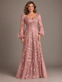 Jovellee dusty rose A-line mother of the bride dress with floral embroidery, V-neckline and sheer long puff sleeves, front view