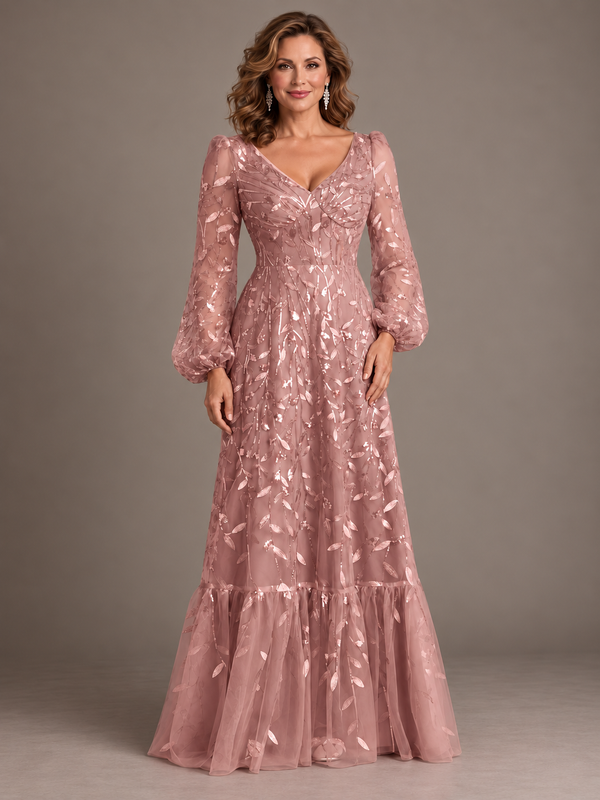 Jovellee dusty rose A-line mother of the bride dress with floral embroidery, V-neckline and sheer long puff sleeves, front view