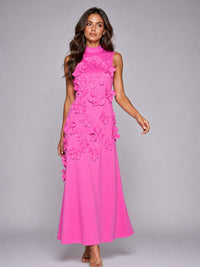 Jovellee hot pink 3D floral appliqué high-neck maxi dress