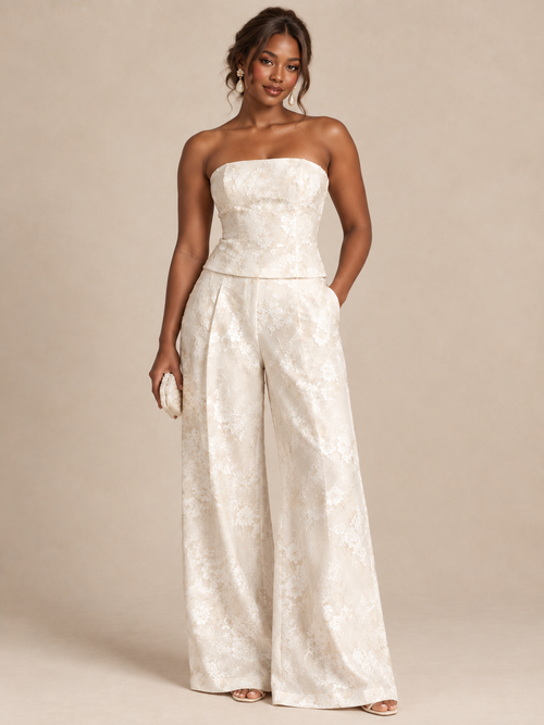 Jovellee ivory floral jacquard strapless top and wide-leg bridal pants set
