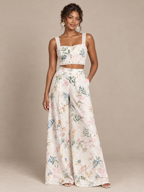 Jovellee ivory floral two-piece crop top and wide-leg pants set