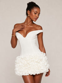 Jovellee ivory off-shoulder 3D rosette mini dress