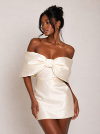 Jovellee ivory satin oversized bow off-shoulder mini dress