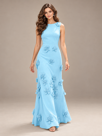 Jovellee light blue 3D floral applique maxi dress with a sleeveless round neckline and floor-length skirt