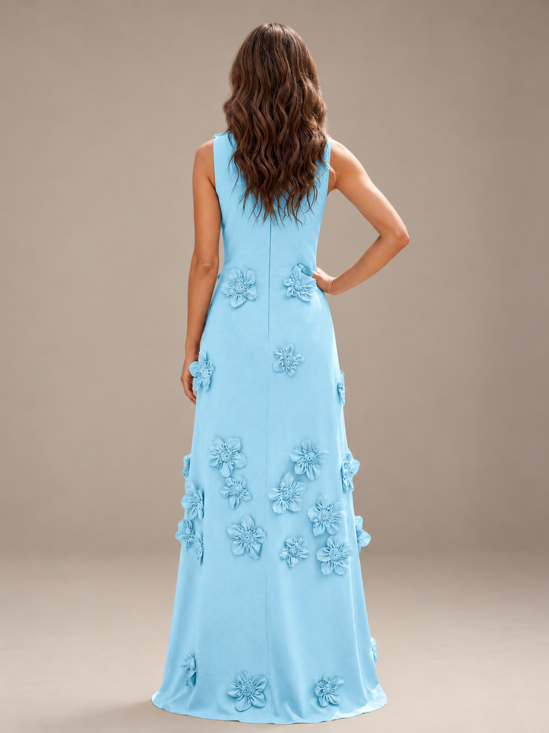 Jovellee light blue floor-length evening gown with scattered 3D floral appliques and a gently flared hem