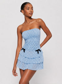 Jovellee light blue polka dot strapless ruched mini dress