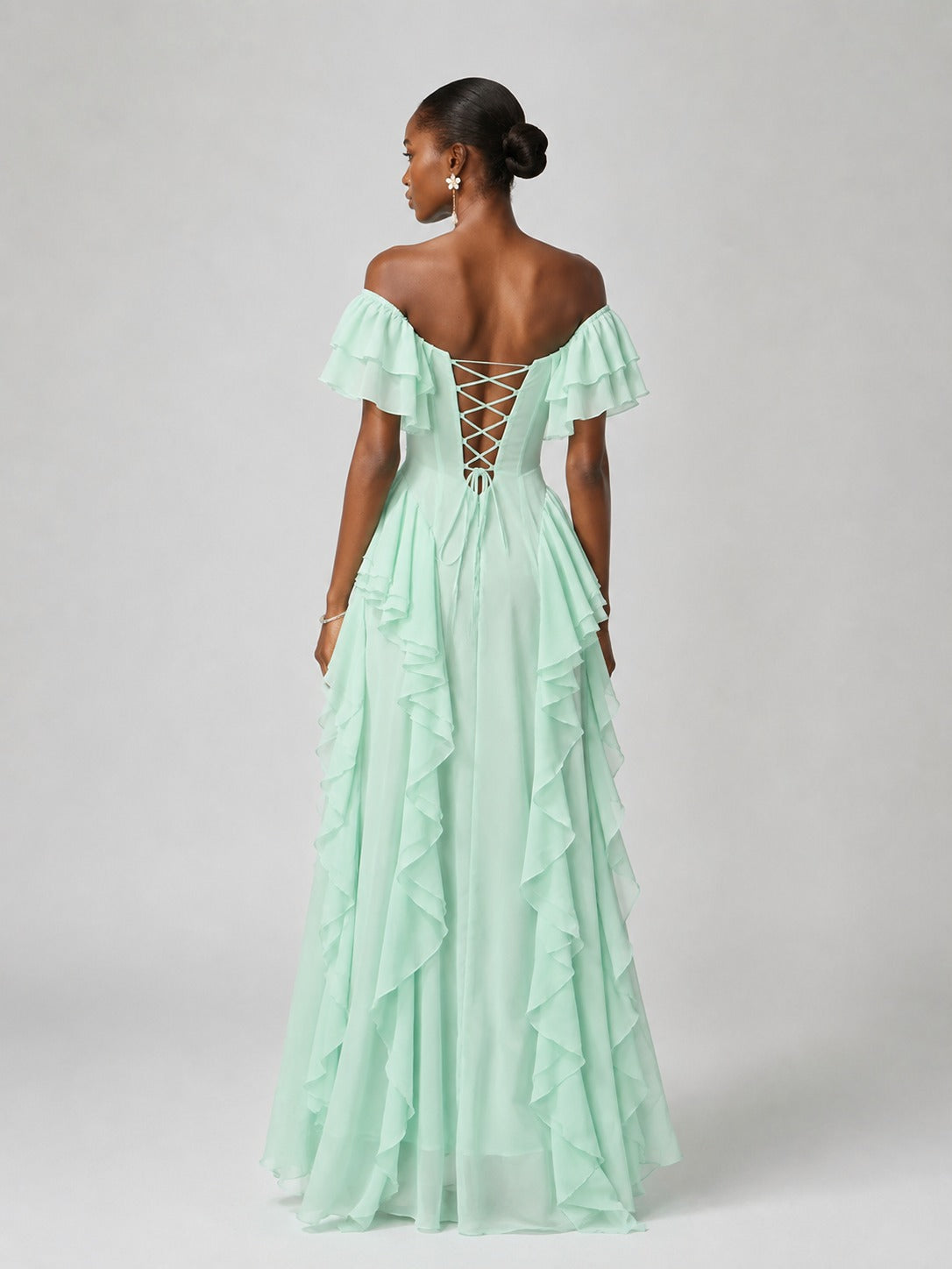 Jovellee mint green bridesmaid dress with cascading chiffon ruffles