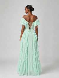 Jovellee mint green bridesmaid dress with cascading chiffon ruffles