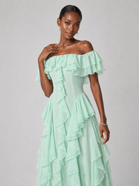 Jovellee mint green off-shoulder chiffon maxi dress with cascading ruffles