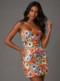 Jovellee multicolor 3D floral applique strapless bodycon mini dress