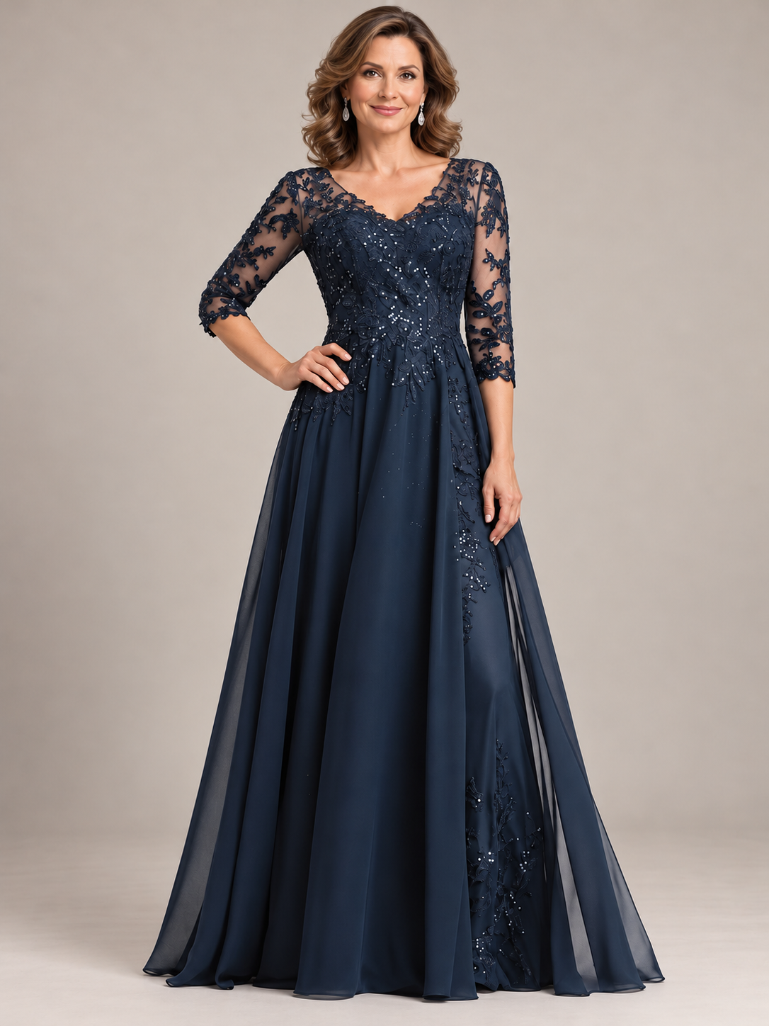 Jovellee navy blue A-line mother of the bride dress with sequin lace bodice, sheer 3/4 sleeves and floor-length skirt