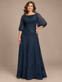 Jovellee navy blue A-line mother of the bride dress with sheer puff sleeves and floral sequin appliqués, front view