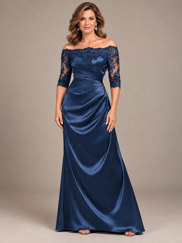 Jovellee navy blue satin mother of the bride dress with lace 3/4 sleeves and off shoulder neckline