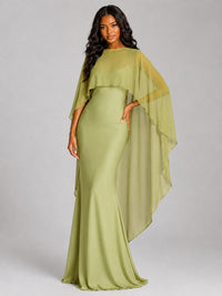 Jovellee olive green satin cape maxi dress with figure-skimming silhouette
