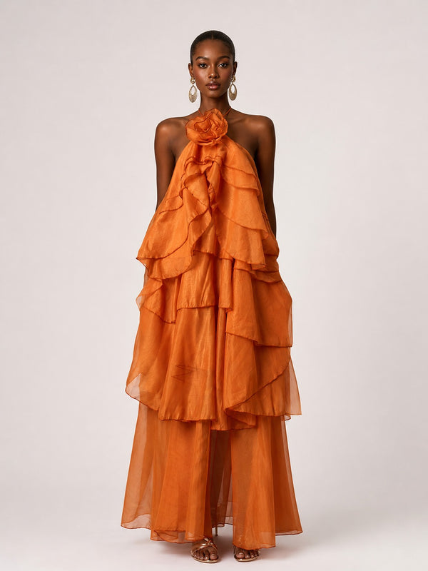 Jovellee orange chiffon halter ruffle maxi dress with 3D rosette