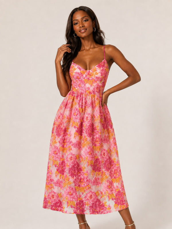 Jovellee pink floral jacquard spaghetti strap A-line midi dress