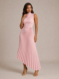 Jovellee pink pleated chiffon midi dress with asymmetric hem