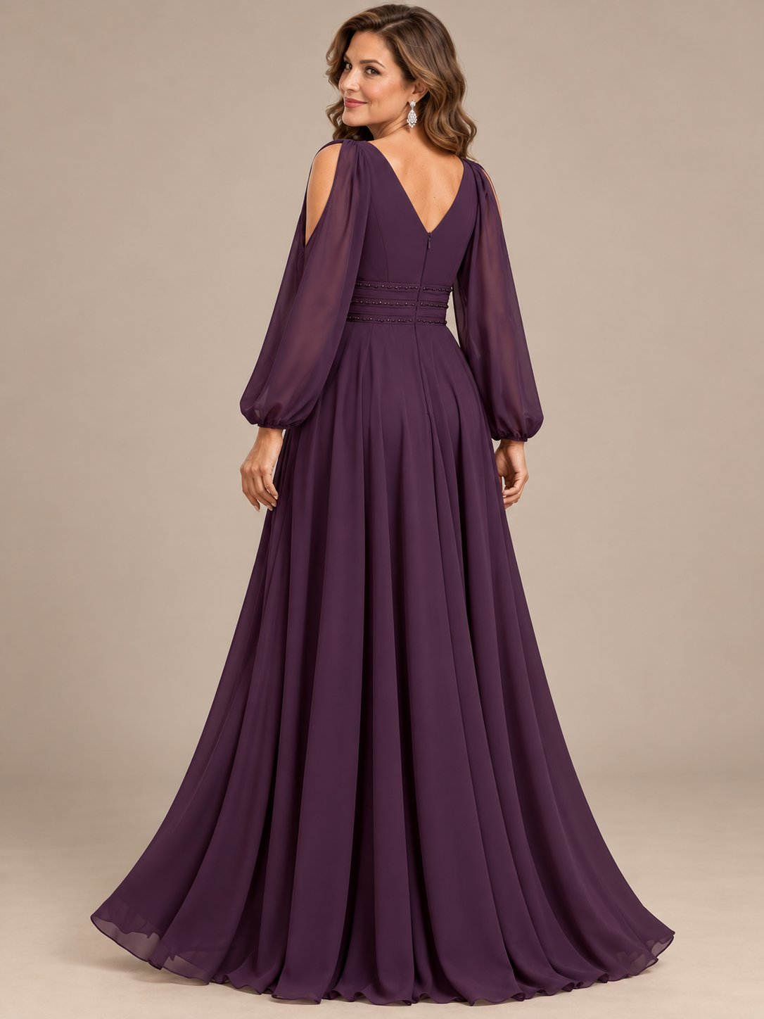 Jovellee plum A-line mother of the bride dress with V-neck bodice, sheer cold-shoulder long sleeves and cascading front drape, back view