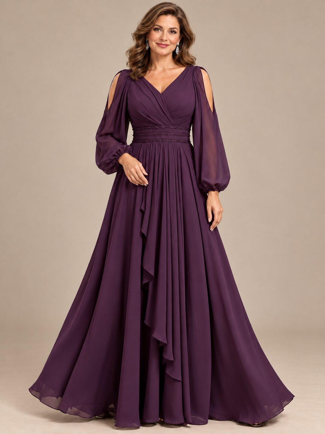 Jovellee plum A-line mother of the bride dress with V-neck bodice, sheer cold-shoulder long sleeves and cascading front drape, front view
