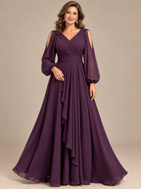 Jovellee plum A-line mother of the bride dress with V-neck bodice, sheer cold-shoulder long sleeves and cascading front drape, front view