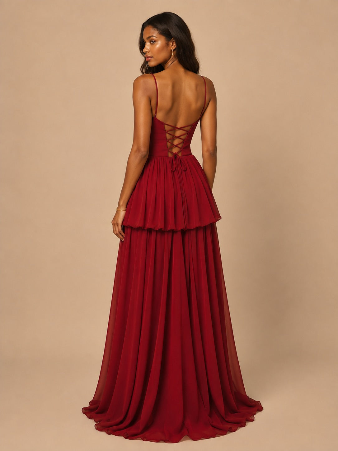 Jovellee red floor length chiffon maxi dress back view