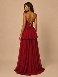 Jovellee red floor length chiffon maxi dress back view