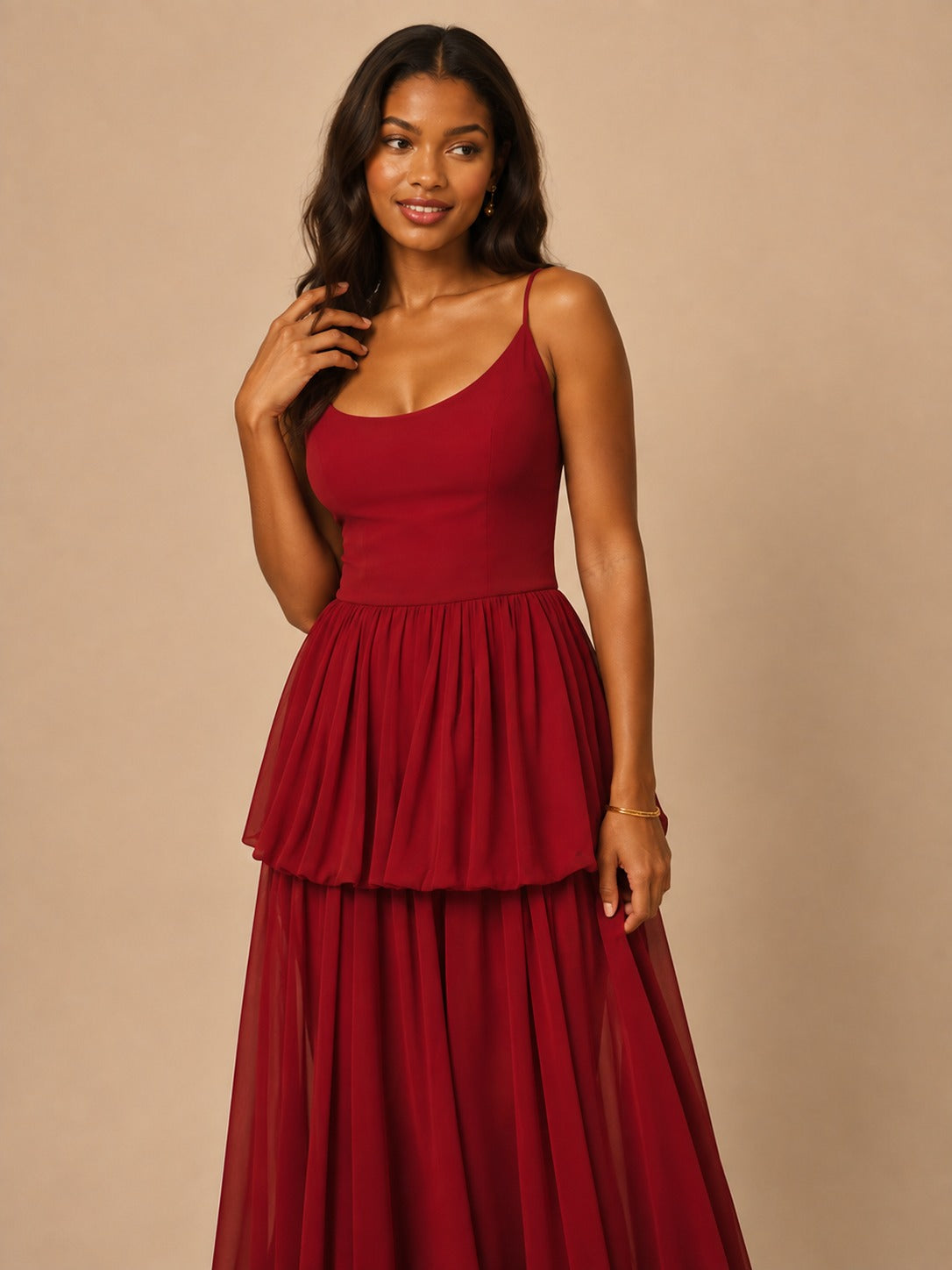 Jovellee red formal chiffon gown with layered ruffle detail