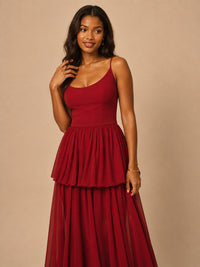 Jovellee red formal chiffon gown with layered ruffle detail