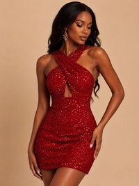 Jovellee red sequin cut-out halter bodycon mini dress