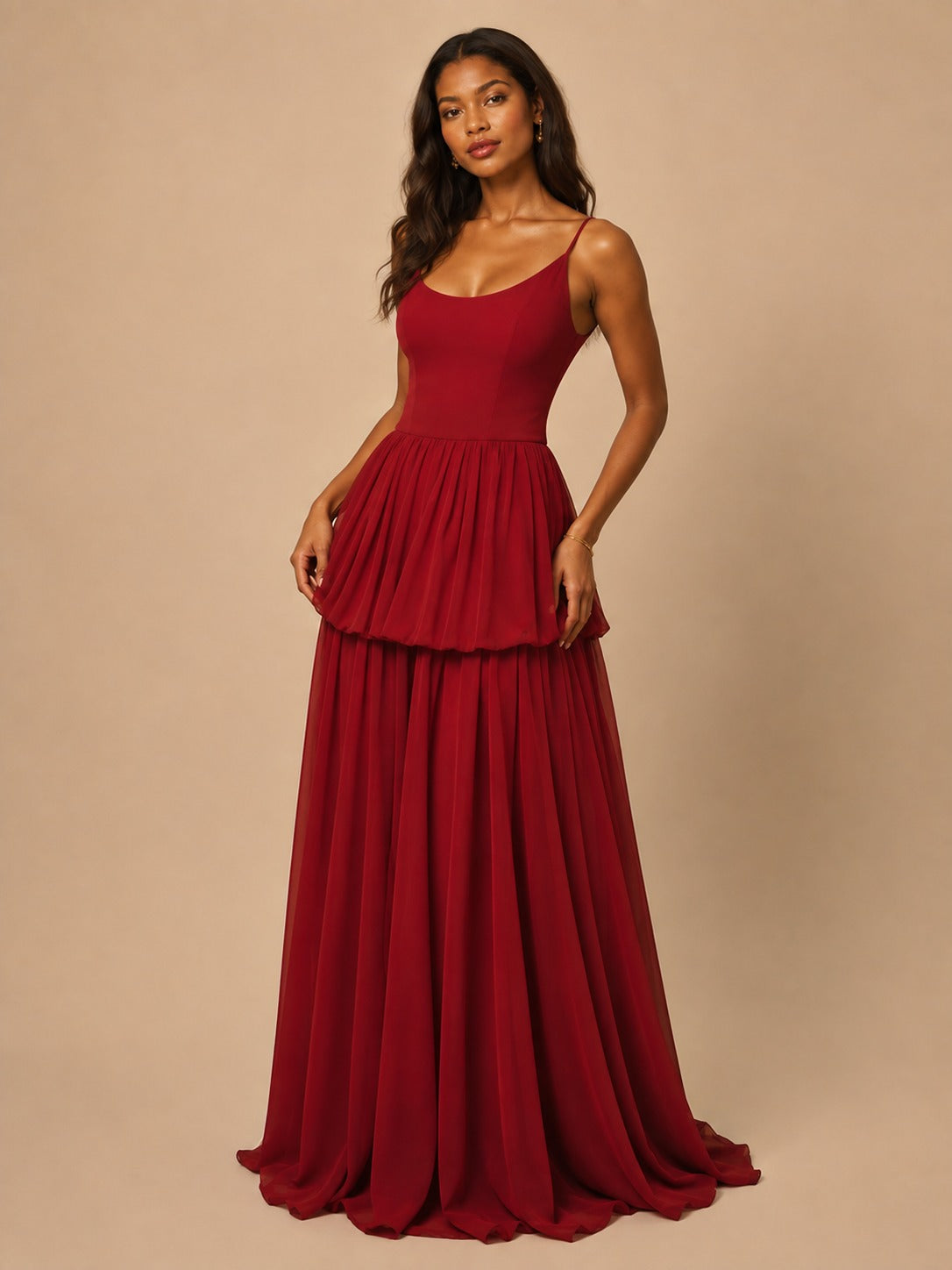 Jovellee red spaghetti strap chiffon maxi dress with tiered ruffles