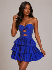Jovellee royal blue sequin strapless cut out tiered ruffle mini dress