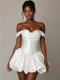 Jovellee white satin off shoulder corset bubble hem mini dress